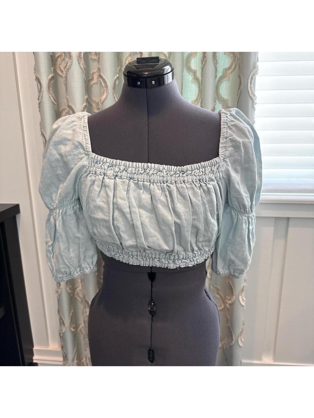Zara Light Blue Puff Sleeve Crop Top with Tie Back